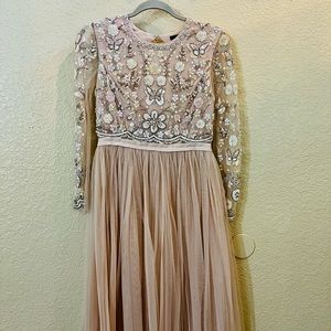 Needle & Thread embellished long sleeve midi dress with tulle skirt in rose